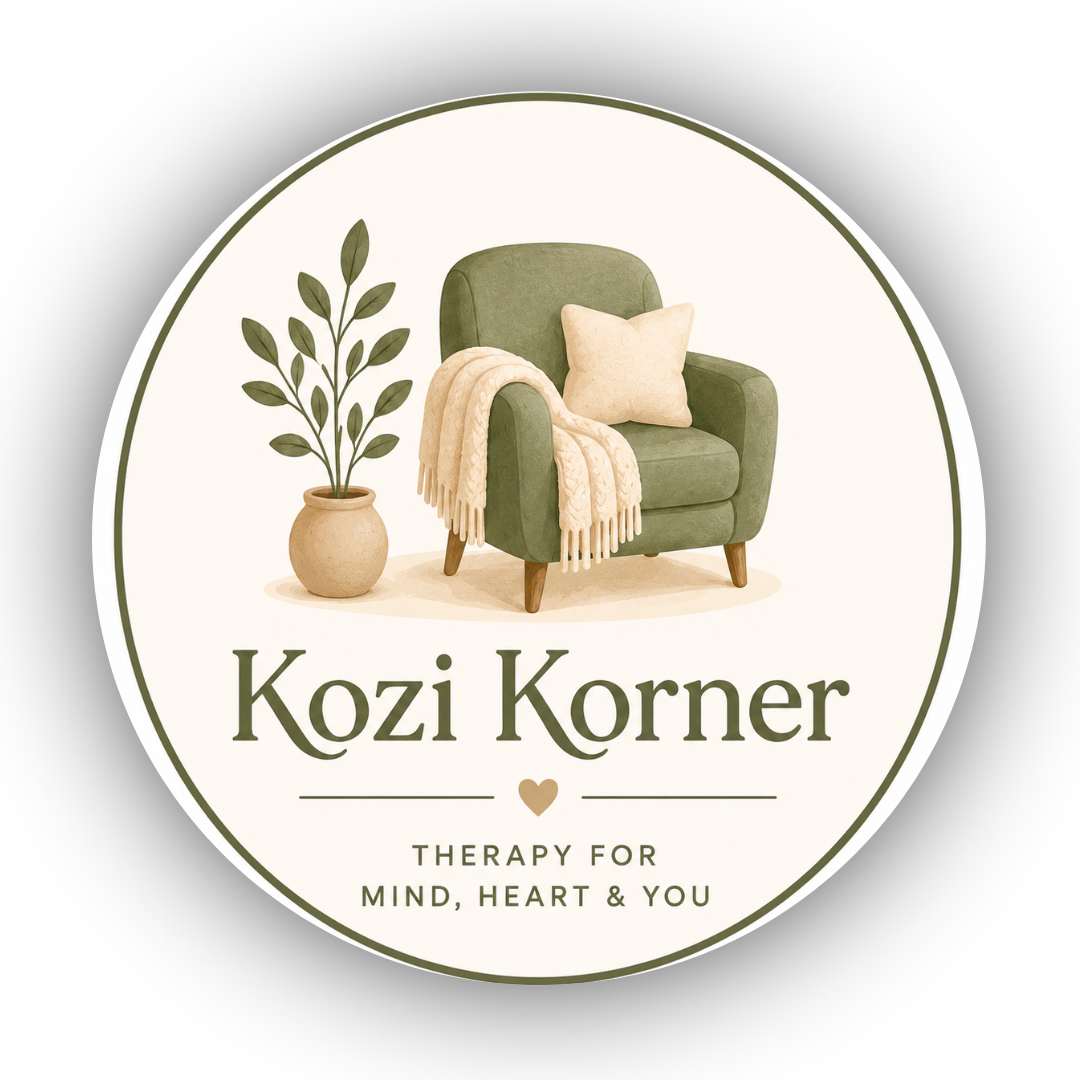 Kozi Korner logo — a sage green armchair with a plant